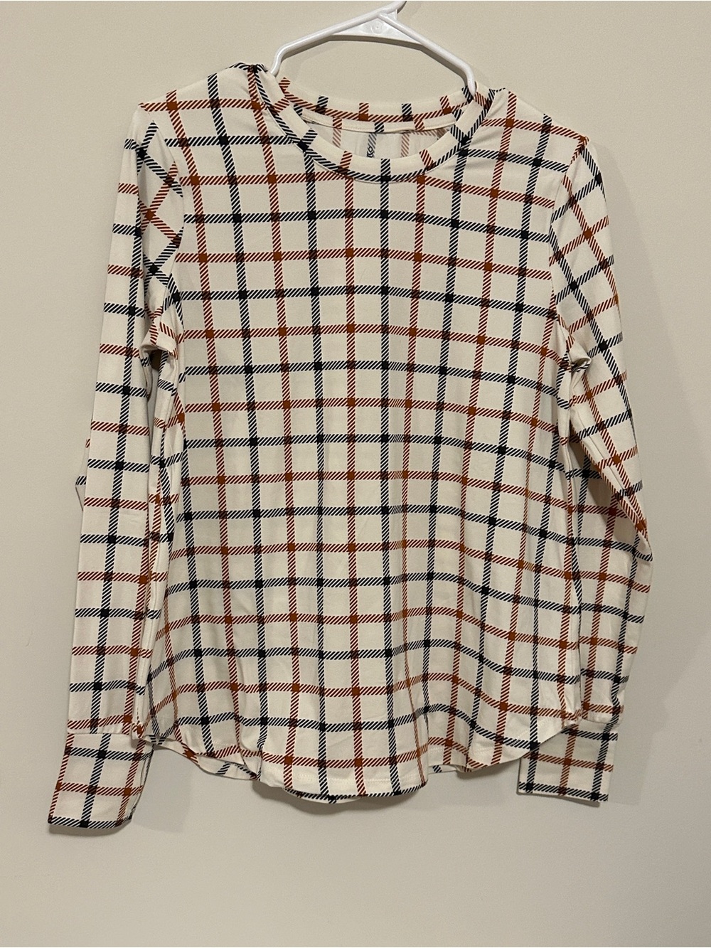 Cuddl Duds Women's Plaid Windowpane Print Crew Long Sleeve Ivory Size Small